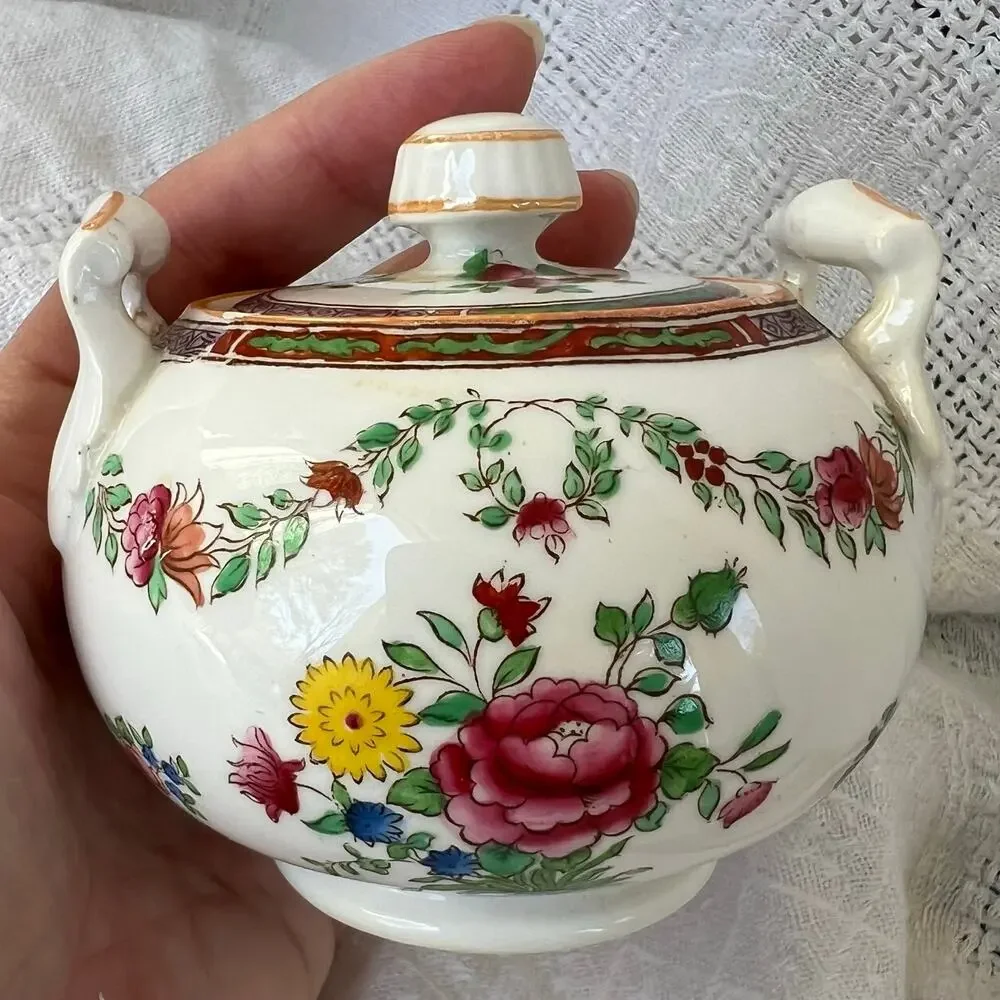 Antique Spode Copeland England Floral Sugar Bowl Porcelain Lidded Dish